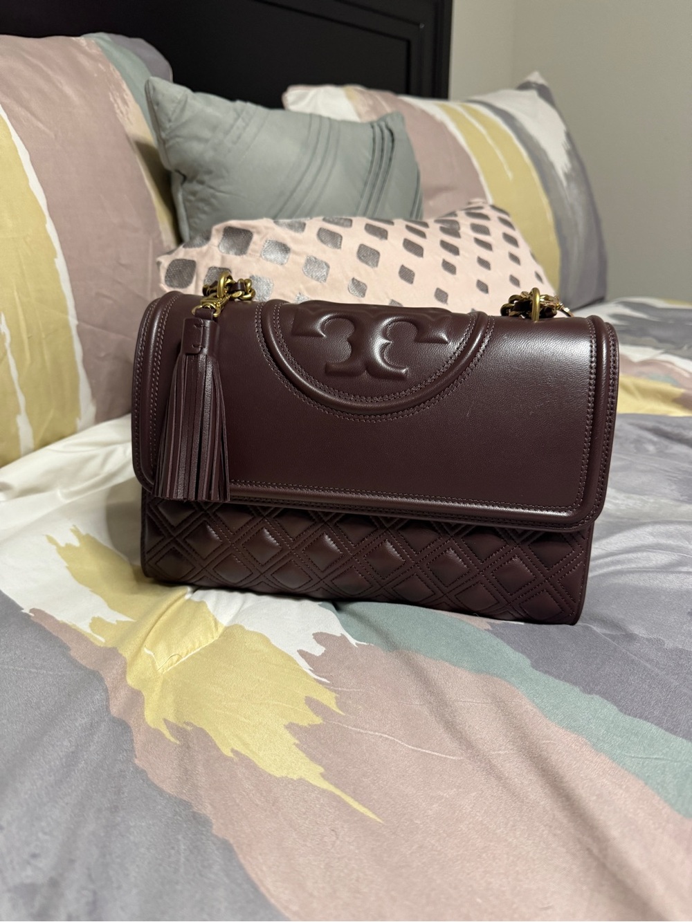 Tory Burch Quilted Fleming Leather Convertible Shoulder Bag in Burgundy Brown